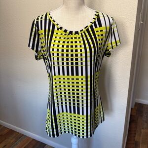 Worthington Black and Yellow Patterned Short Sleeve Top - Size Large